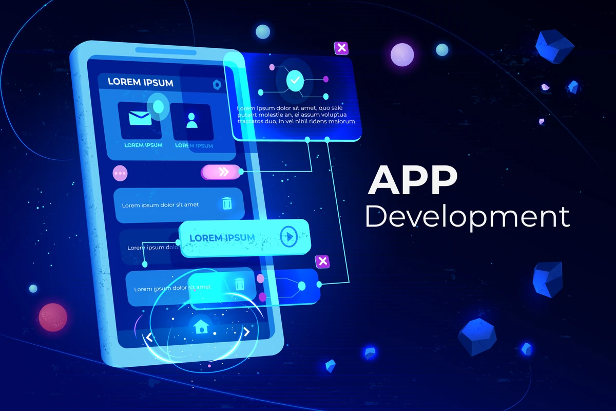Mobile application development graphic with connected app interfaces