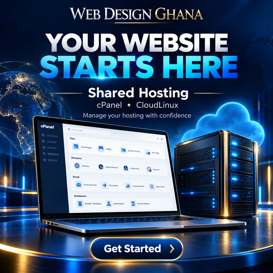 Shared hosting campaign showing website management tools and server infrastructure